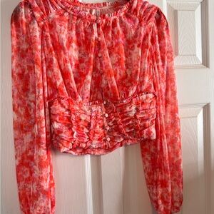Anthropologie Cropped Floral Ruched Button-Front Long Sleeve Top
